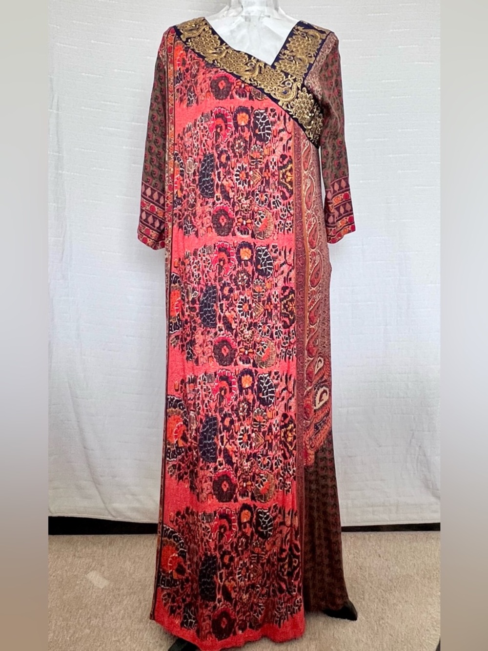 Soft Surroundings Cindra Patchwork Maxi Dress w/Gold Embroidered Neckline Sz L